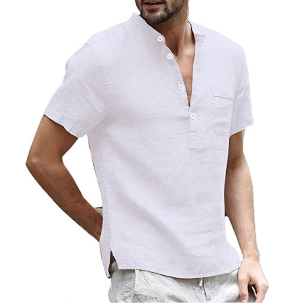 Kurzärmliges Herren Leinenhemd in frischen Sommerfarben, atmungsaktiv und stilvoll, ideal für sommerliche Anlässe.