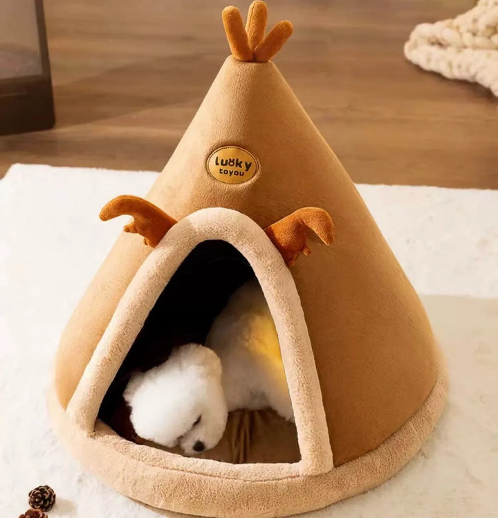 "Kuschelhöhle für Haustiere im Tipi-Design, weiche Polsterung, wärmespeichernd, ideal für Hunde und Katzen."