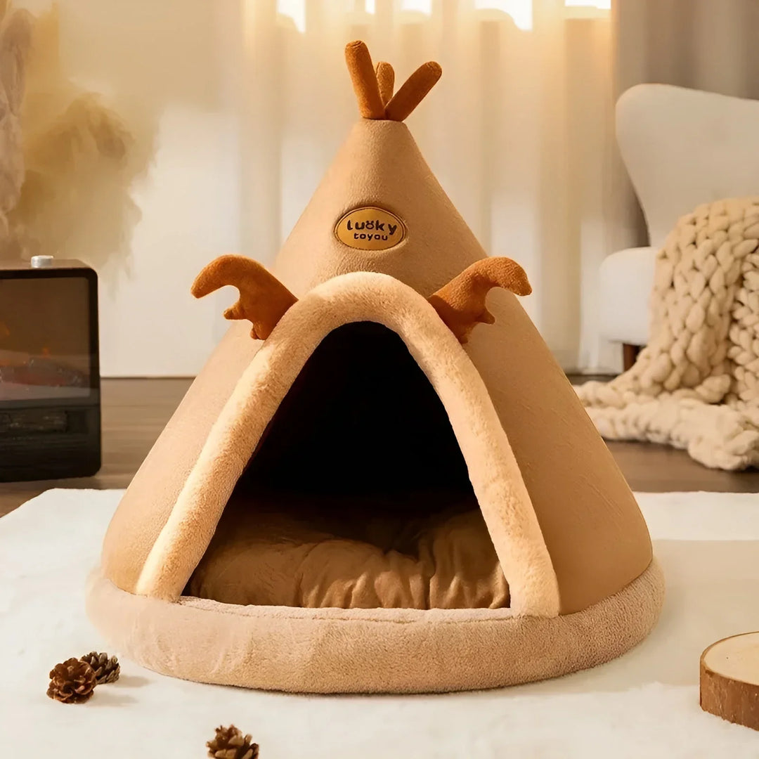 "Kuschelhöhle für Haustiere im Tipi-Design, weiche Polsterung, wärmespeichernd, ideal für Hunde und Katzen."