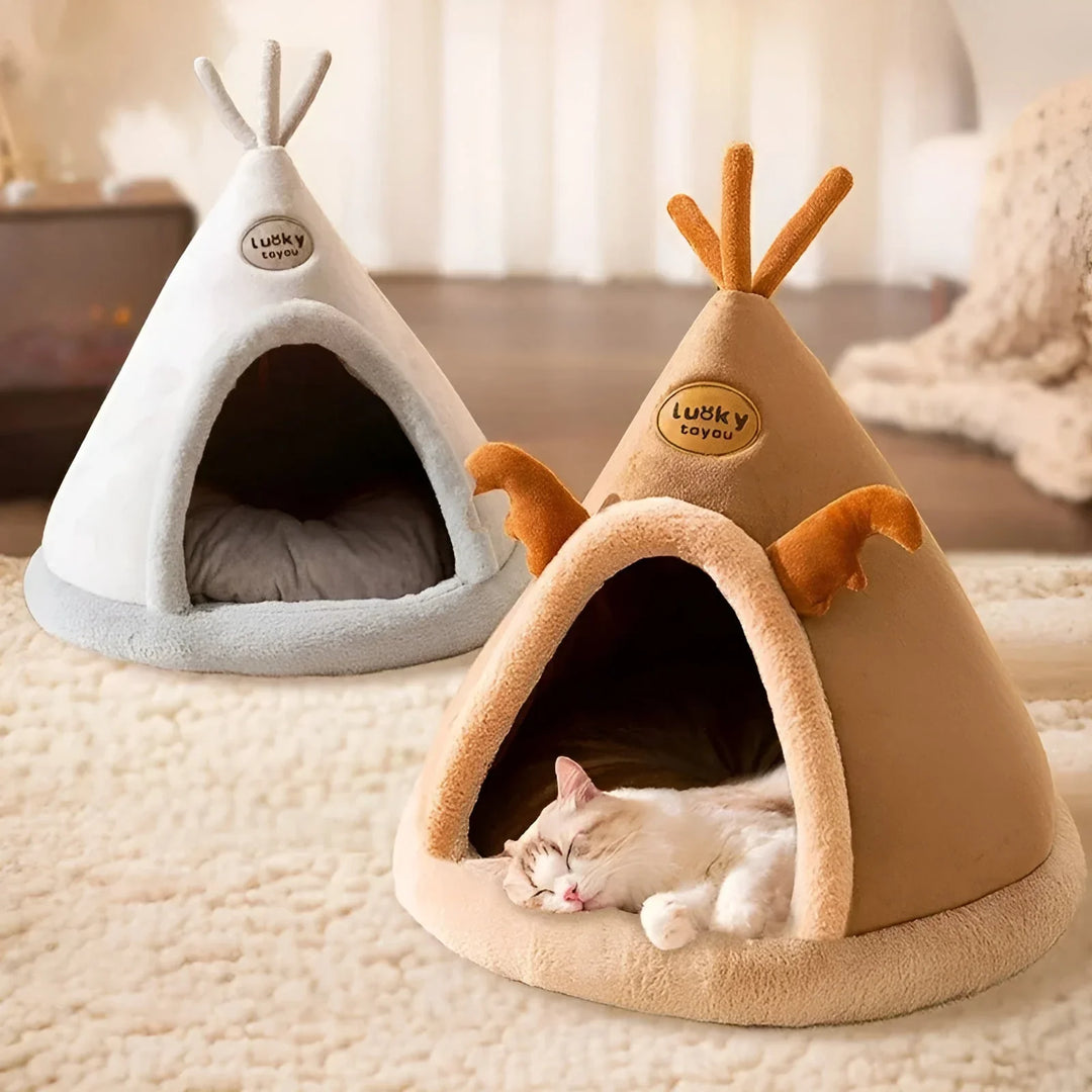 "Kuschelhöhle für Haustiere im Tipi-Design, weiche Polsterung, wärmespeichernd, ideal für Hunde und Katzen."