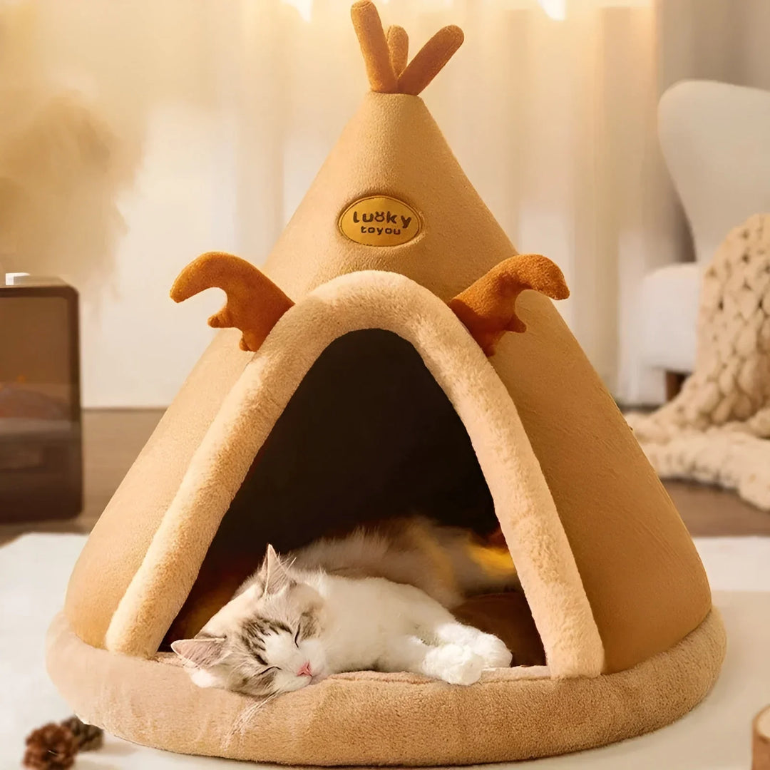"Kuschelhöhle für Haustiere im Tipi-Design, weiche Polsterung, wärmespeichernd, ideal für Hunde und Katzen."