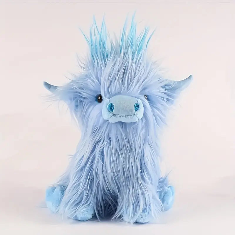 "Kuscheliges Hochlandrind Plüschtier, weich, zottelige Mähne, verfügbar in Schwarz, Weiß, Braun, Blau, kinderfreundlich."