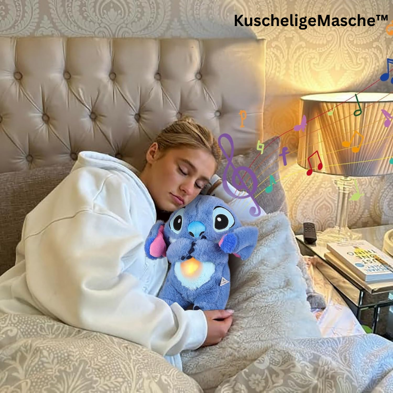 "Kuscheliges Plüschspielzeug mit sanften Lichtern und Musik, ideal für Geborgenheit und Entspannung bei Kindern und Babys."