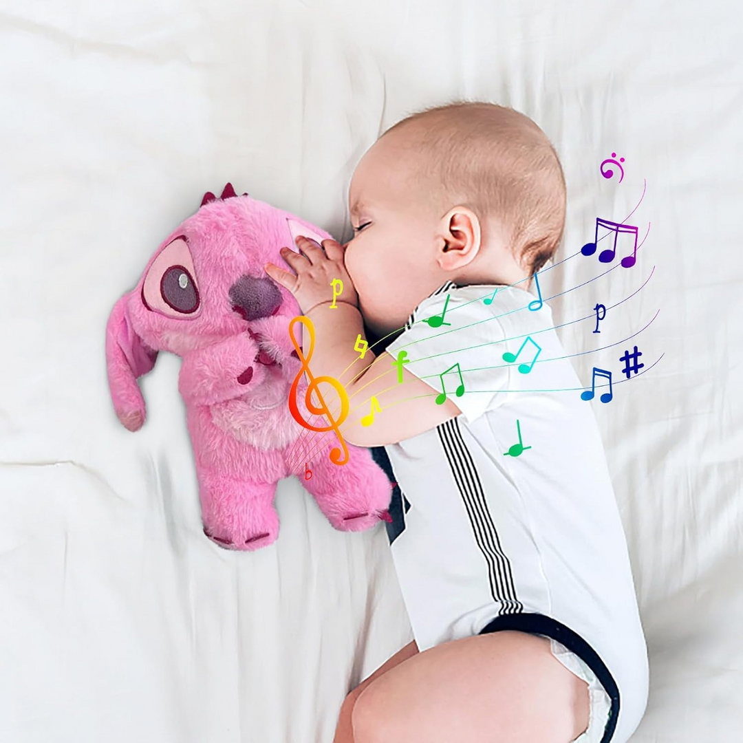 "Kuscheliges Plüschspielzeug mit sanften Lichtern und Musik, ideal für Geborgenheit und Entspannung bei Kindern und Babys."