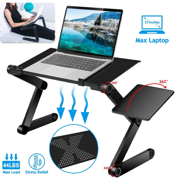 Verstellbarer Laptopständer aus Aluminium, schwarz, mit Kühlfunktion und 360°-Drehung.