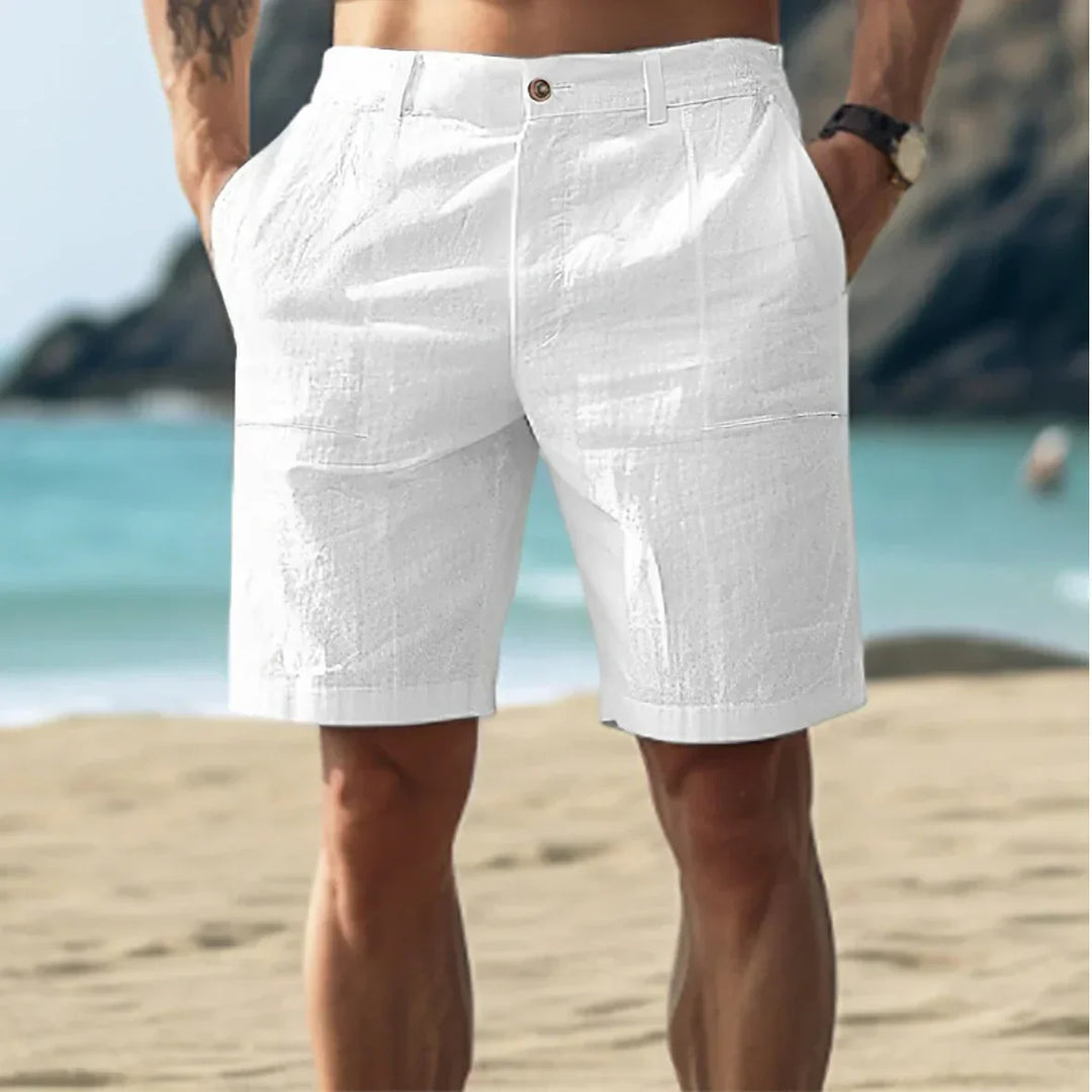 "Lässige Herren Leinen Shorts, atmungsaktiv und bequem, ideal für Sommer mit verstellbarem Bund und funktionalen Taschen."