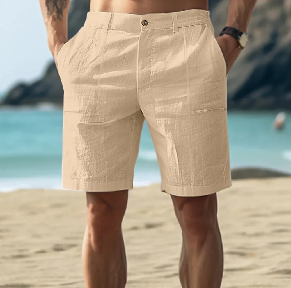 "Lässige Herren Leinen Shorts, atmungsaktiv und bequem, ideal für Sommer mit verstellbarem Bund und funktionalen Taschen."
