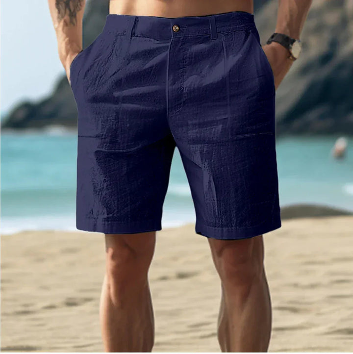 "Lässige Herren Leinen Shorts, atmungsaktiv und bequem, ideal für Sommer mit verstellbarem Bund und funktionalen Taschen."