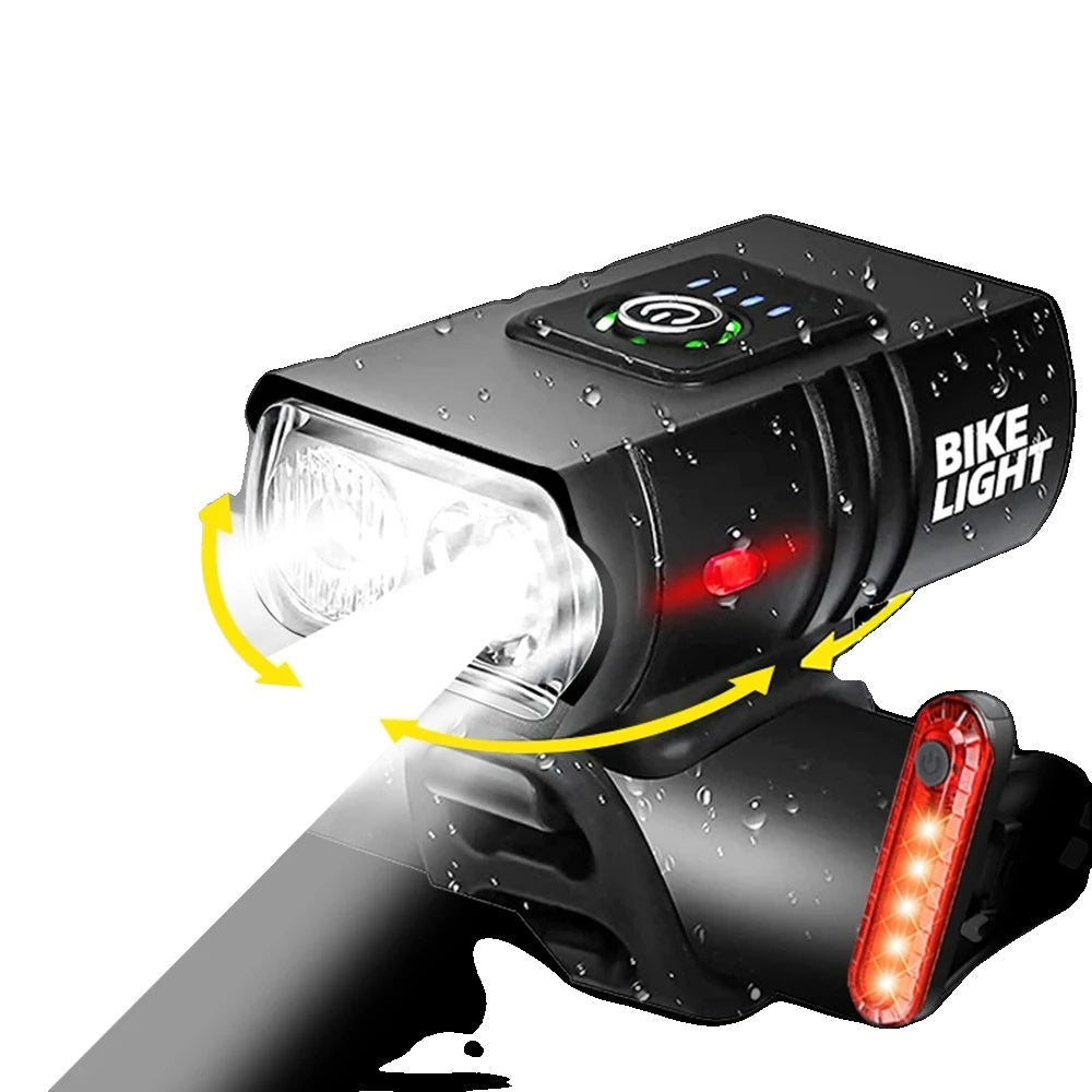 "LED Fahrradlampe 1500 Lumen, schwarz, mit USB-Aufladung und 6 Modi, wasserdicht, kompakt und robust, seitlich beleuchtet."