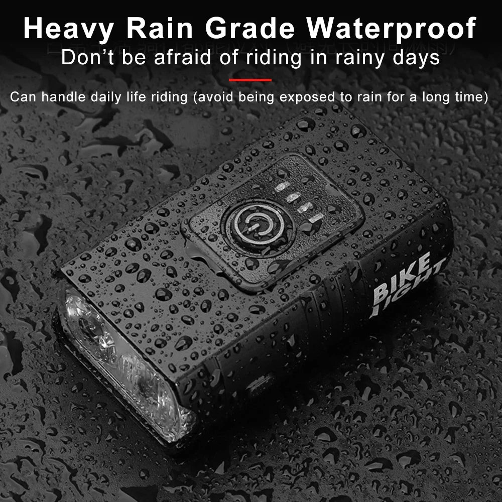 "LED Fahrradlampe 1500 Lumen, schwarz, mit USB-Aufladung und 6 Modi, wasserdicht, kompakt und robust, seitlich beleuchtet."