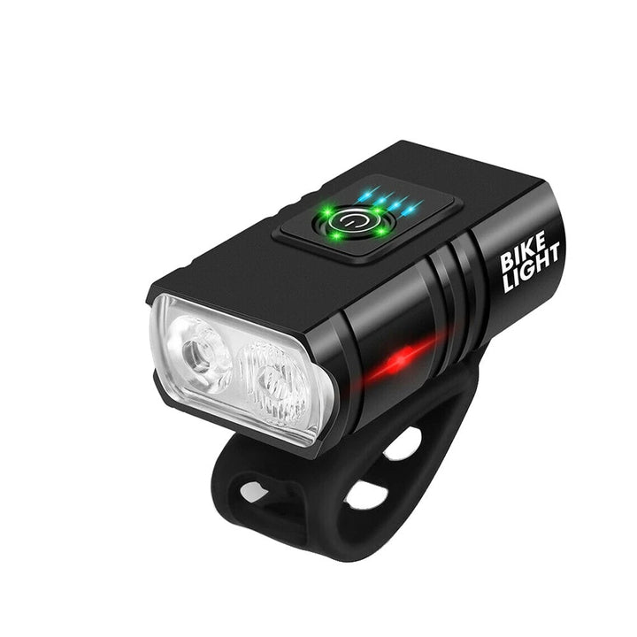 "LED Fahrradlampe 1500 Lumen, schwarz, mit USB-Aufladung und 6 Modi, wasserdicht, kompakt und robust, seitlich beleuchtet."