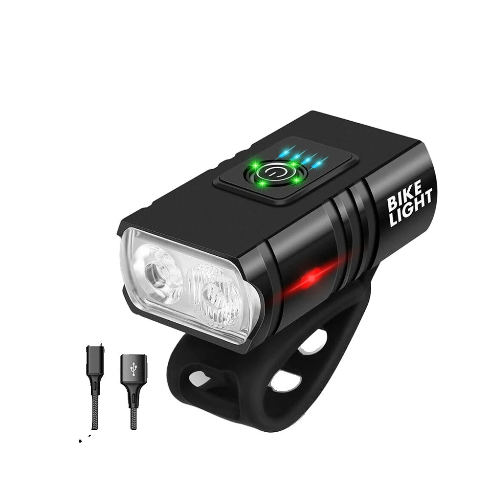 "LED Fahrradlampe 1500 Lumen, schwarz, mit USB-Aufladung und 6 Modi, wasserdicht, kompakt und robust, seitlich beleuchtet."