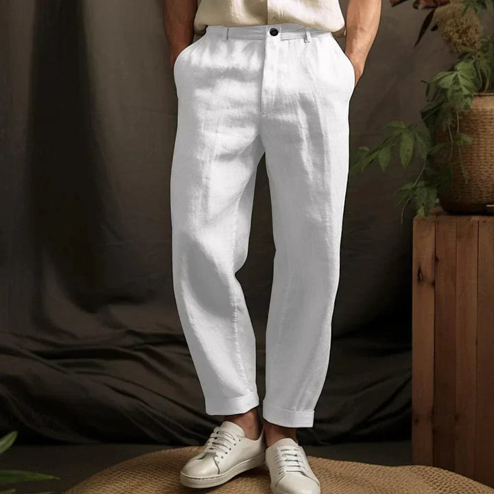 "Leichte Herren Leinenhose, atmungsaktiv, beige; für Sommer, mit Kordelzug und Taschen, lässiger Stil."