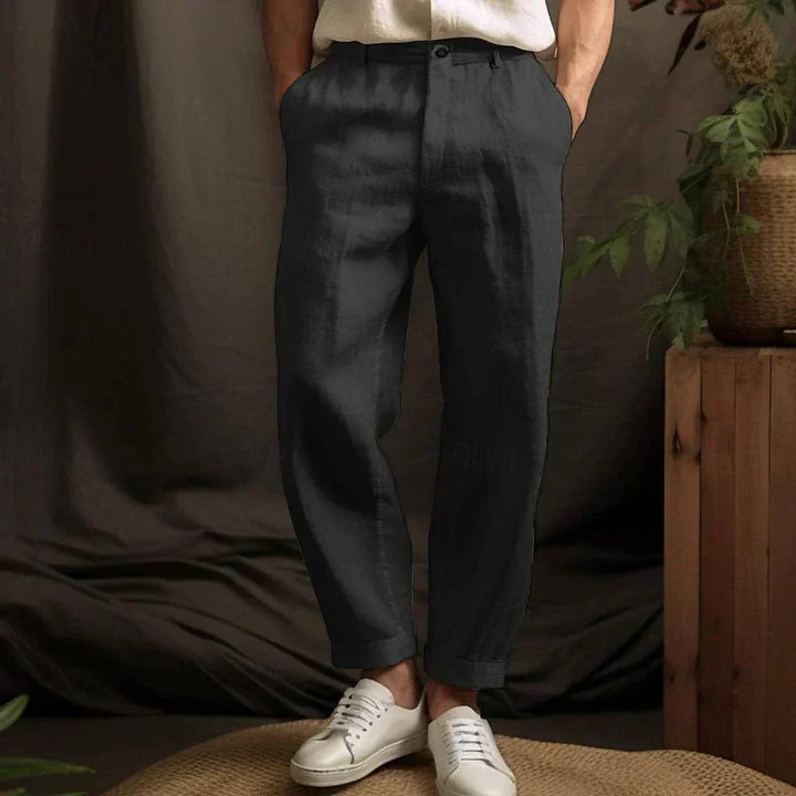 "Leichte Herren Leinenhose, atmungsaktiv, beige; für Sommer, mit Kordelzug und Taschen, lässiger Stil."