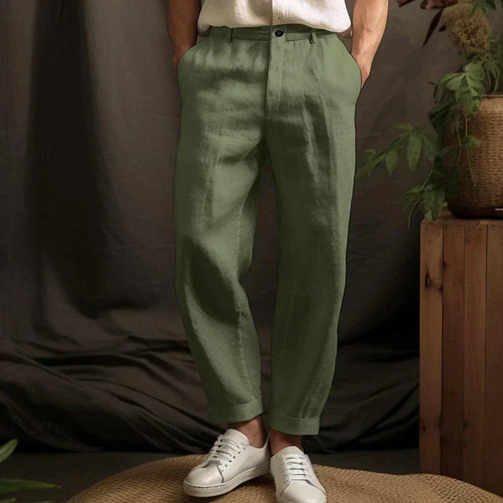 "Leichte Herren Leinenhose, atmungsaktiv, beige; für Sommer, mit Kordelzug und Taschen, lässiger Stil."