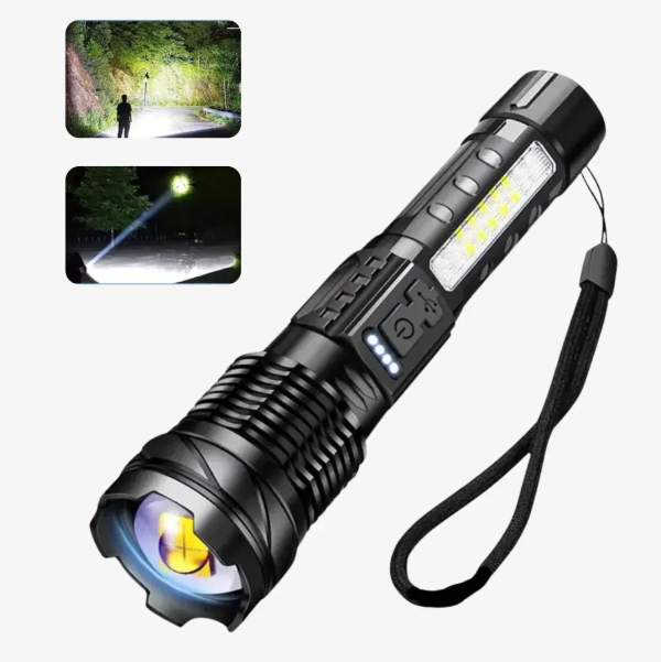 Leistungsstarke LED-Taschenlampe, 5000 Lumen, wasserdicht, mit Zoom, robustes Gehäuse, outdoor-geeignet.
