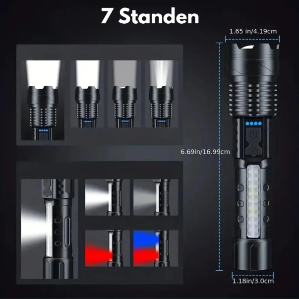 Leistungsstarke LED-Taschenlampe, 5000 Lumen, wasserdicht, mit Zoom, robustes Gehäuse, outdoor-geeignet.