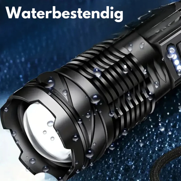 Leistungsstarke LED-Taschenlampe, 5000 Lumen, wasserdicht, mit Zoom, robustes Gehäuse, outdoor-geeignet.