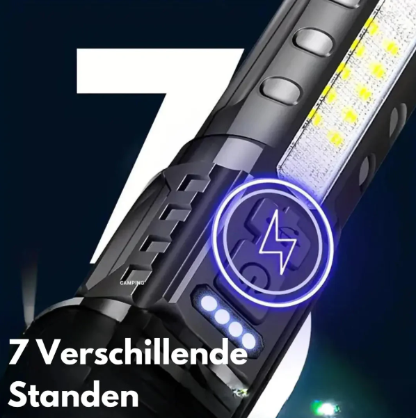 Leistungsstarke LED-Taschenlampe, 5000 Lumen, wasserdicht, mit Zoom, robustes Gehäuse, outdoor-geeignet.