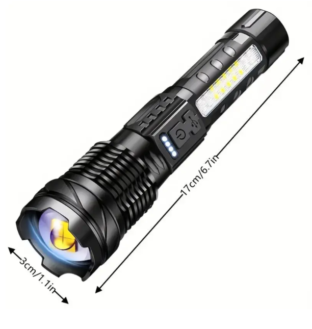 Leistungsstarke LED-Taschenlampe, 5000 Lumen, wasserdicht, mit Zoom, robustes Gehäuse, outdoor-geeignet.