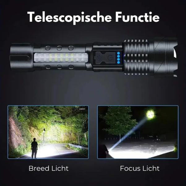 Leistungsstarke LED-Taschenlampe, 5000 Lumen, wasserdicht, mit Zoom, robustes Gehäuse, outdoor-geeignet.
