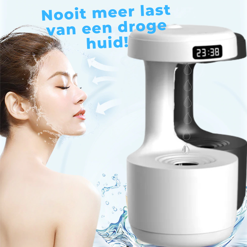 Frau mit Gesichtsbefeuchter, digitaler Luftbefeuchter, weiß, Hautpflege, Feuchtigkeitsspender.