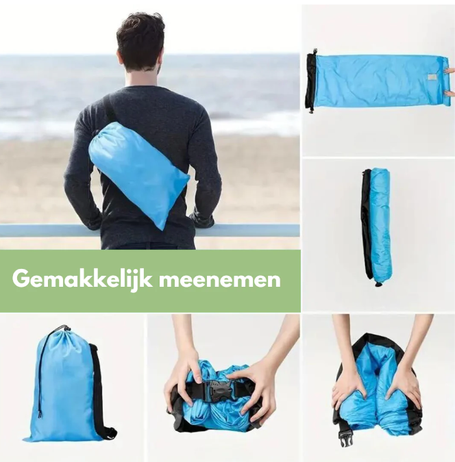"Luftgefüllter Loungesessel, tragbar, robust, kompakt; ideal für Strand, Park, Camping; wasserabweisend, kein Pumpen nötig."