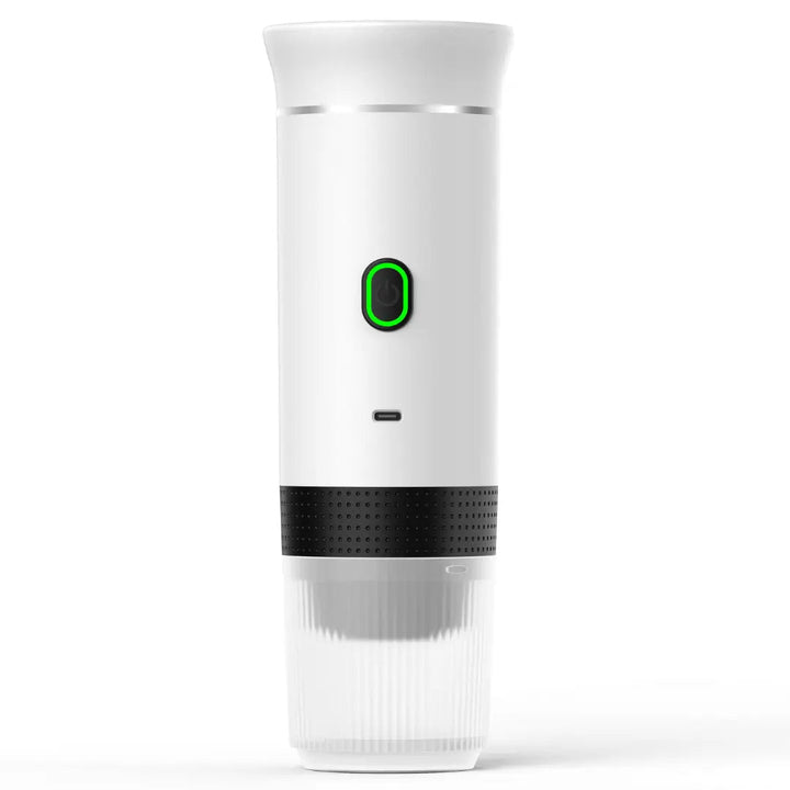 Weißer tragbarer Luftreiniger mit grünem LED-Licht, USB-aufladbar, für saubere Raumluft.