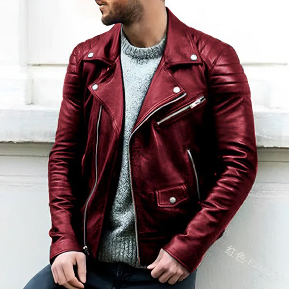 Rote Lederjacke für Herren, Biker-Stil, Reißverschlüsse, modisch, hochwertig.
