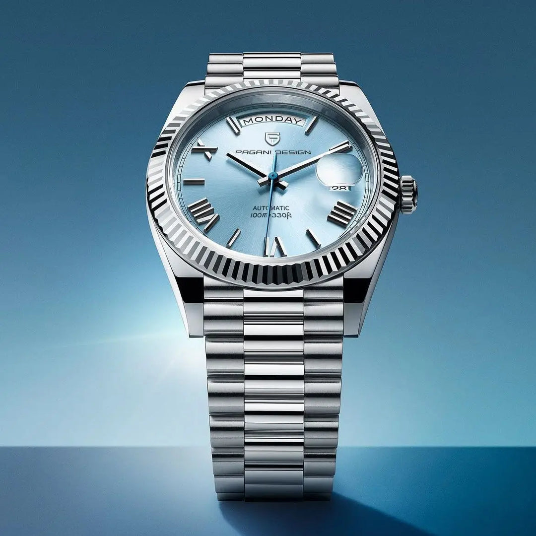 Luxuriöse automatische Herrenuhr aus Edelstahl mit stilvollem Design, präzisem Uhrwerk und wasserdichtem Gehäuse.