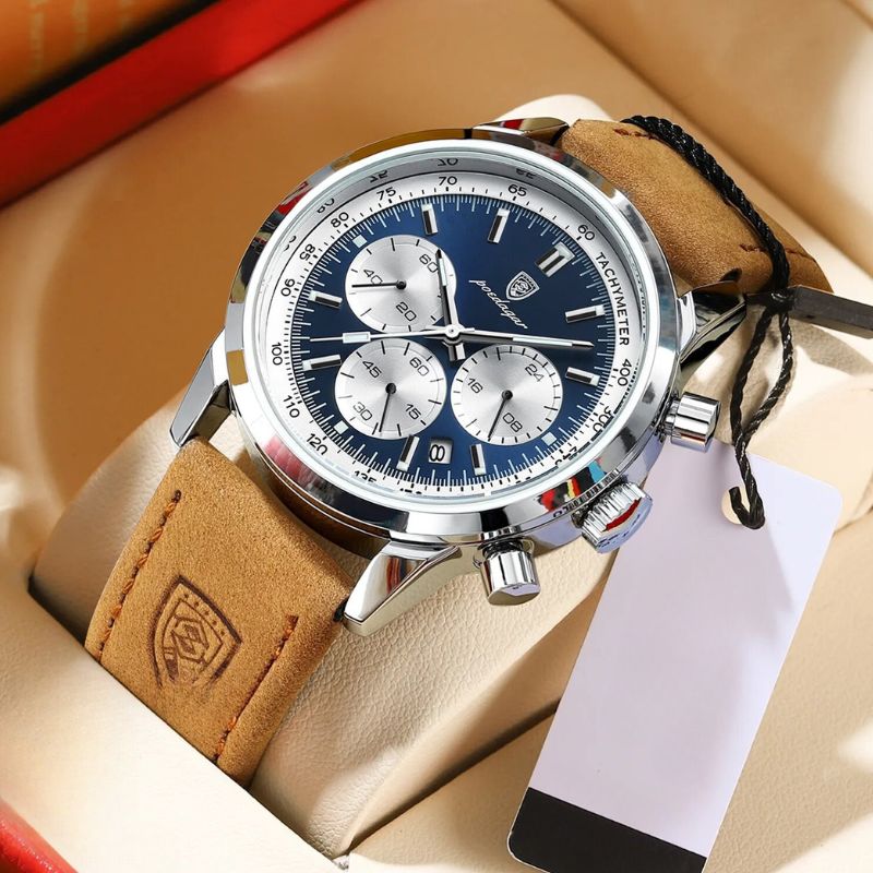 Luxuriöse Herren Chronograph Uhr aus Edelstahl, elegantes Design, mit schwarzem Zifferblatt und silbernem Gehäuse.