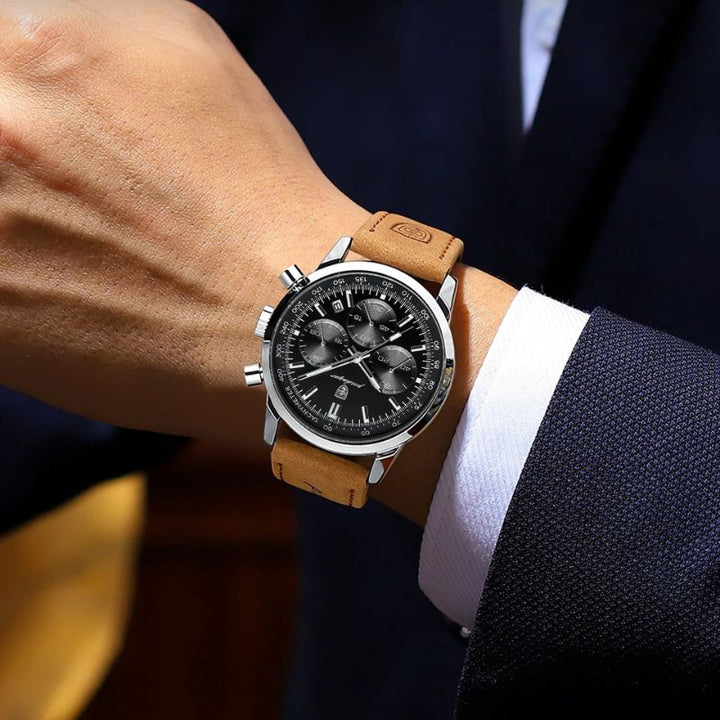 Luxuriöse Herren Chronograph Uhr aus Edelstahl, elegantes Design, mit schwarzem Zifferblatt und silbernem Gehäuse.
