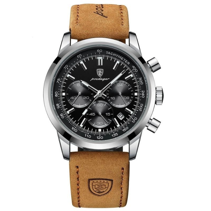 Luxuriöse Herren Chronograph Uhr aus Edelstahl, elegantes Design, mit schwarzem Zifferblatt und silbernem Gehäuse.