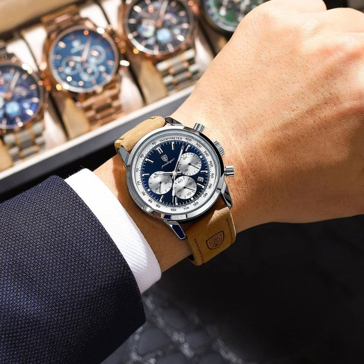 Luxuriöse Herren Chronograph Uhr aus Edelstahl, elegantes Design, mit schwarzem Zifferblatt und silbernem Gehäuse.