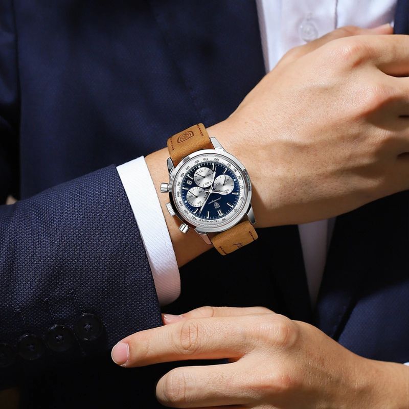 Luxuriöse Herren Chronograph Uhr aus Edelstahl, elegantes Design, mit schwarzem Zifferblatt und silbernem Gehäuse.