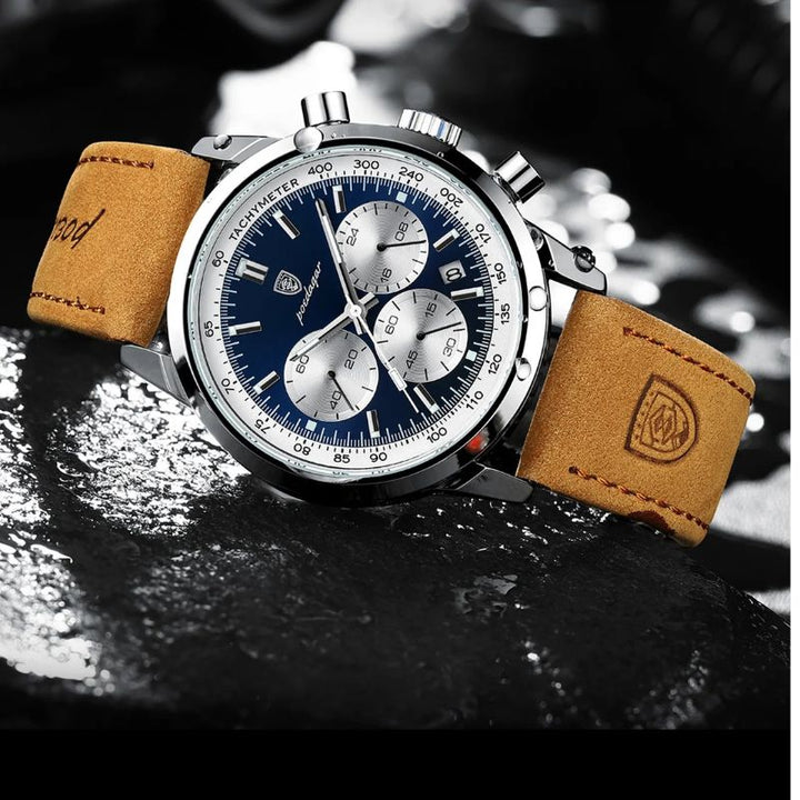 Luxuriöse Herren Chronograph Uhr aus Edelstahl, elegantes Design, mit schwarzem Zifferblatt und silbernem Gehäuse.