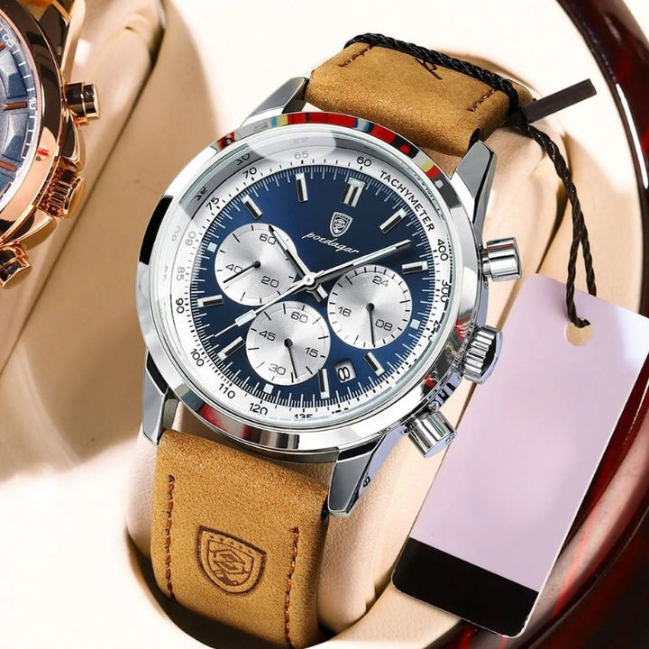 Luxuriöse Herren Chronograph Uhr aus Edelstahl, elegantes Design, mit schwarzem Zifferblatt und silbernem Gehäuse.