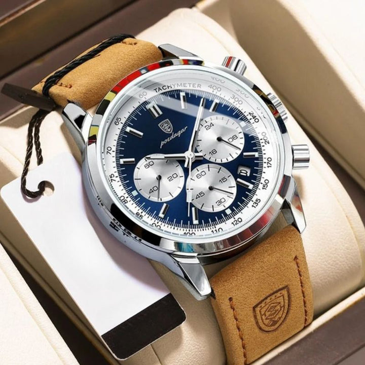 Luxuriöse Herren Chronograph Uhr aus Edelstahl, elegantes Design, mit schwarzem Zifferblatt und silbernem Gehäuse.