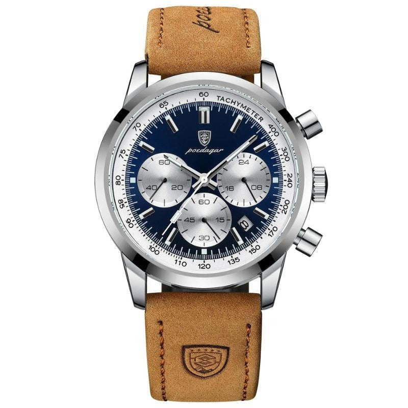 Luxuriöse Herren Chronograph Uhr aus Edelstahl, elegantes Design, mit schwarzem Zifferblatt und silbernem Gehäuse.