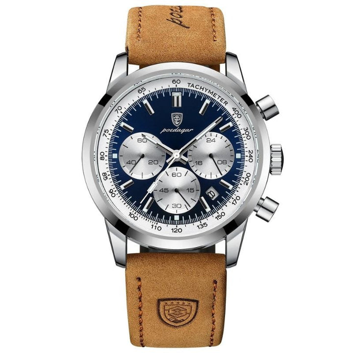 Luxuriöse Herren Chronograph Uhr aus Edelstahl, elegantes Design, mit schwarzem Zifferblatt und silbernem Gehäuse.