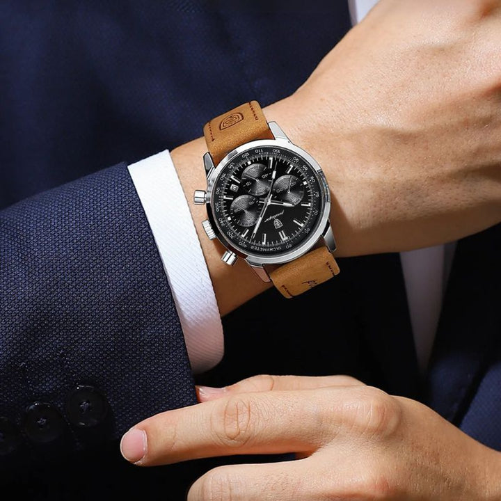 Luxuriöse Herren Chronograph Uhr aus Edelstahl, elegantes Design, mit schwarzem Zifferblatt und silbernem Gehäuse.