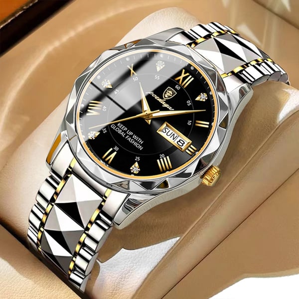 "Luxuriöse Herrenarmbanduhr mit goldener Lünette, schwarzem Zifferblatt, wasserdicht, leuchtende Zeiger, Edelstahlarmband"