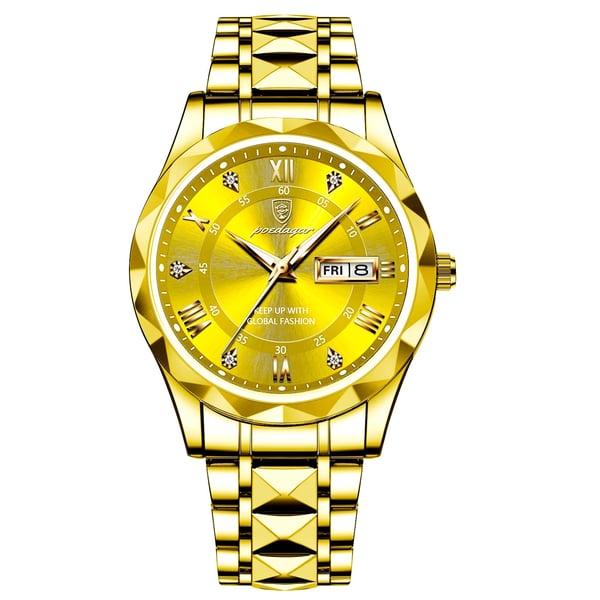 "Luxuriöse Herrenarmbanduhr mit goldener Lünette, schwarzem Zifferblatt, wasserdicht, leuchtende Zeiger, Edelstahlarmband"