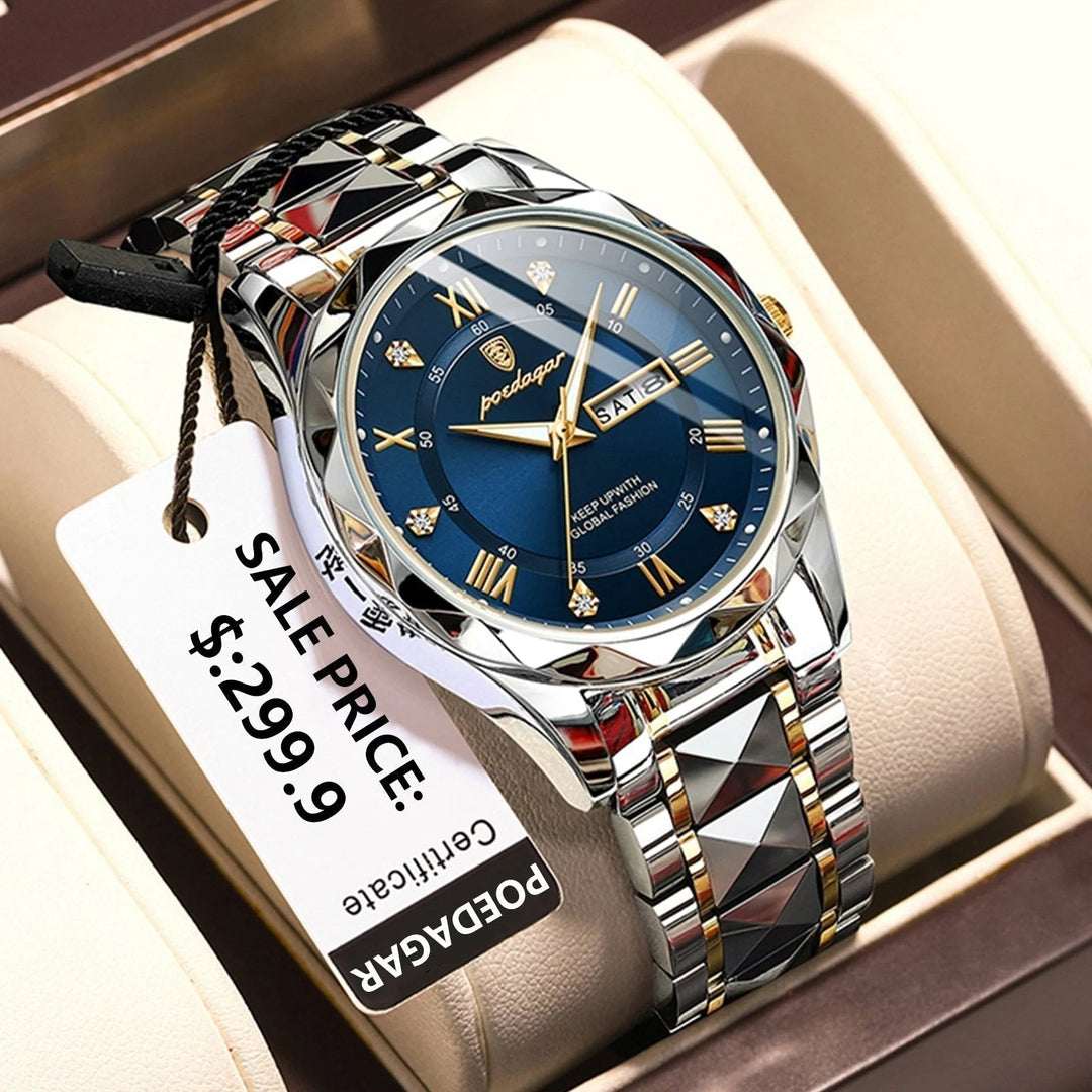 "Luxuriöse Herrenarmbanduhr mit goldener Lünette, schwarzem Zifferblatt, wasserdicht, leuchtende Zeiger, Edelstahlarmband"