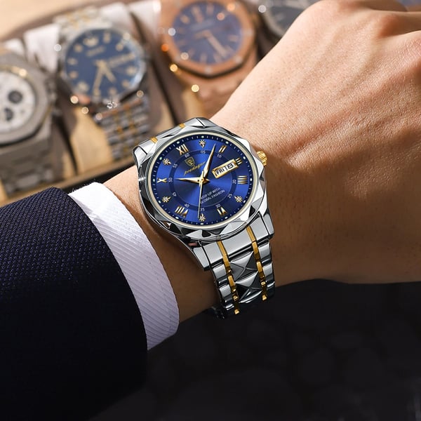 "Luxuriöse Herrenarmbanduhr mit goldener Lünette, schwarzem Zifferblatt, wasserdicht, leuchtende Zeiger, Edelstahlarmband"