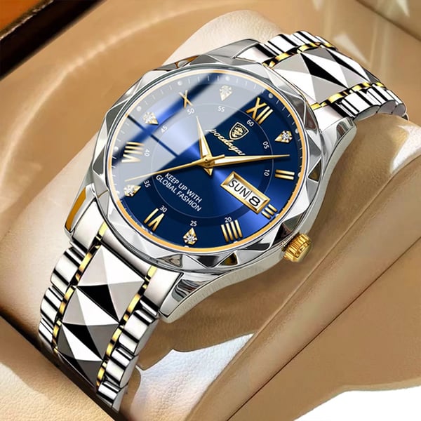 "Luxuriöse Herrenarmbanduhr mit goldener Lünette, schwarzem Zifferblatt, wasserdicht, leuchtende Zeiger, Edelstahlarmband"