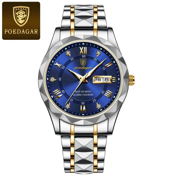 "Luxuriöse Herrenarmbanduhr mit goldener Lünette, schwarzem Zifferblatt, wasserdicht, leuchtende Zeiger, Edelstahlarmband"