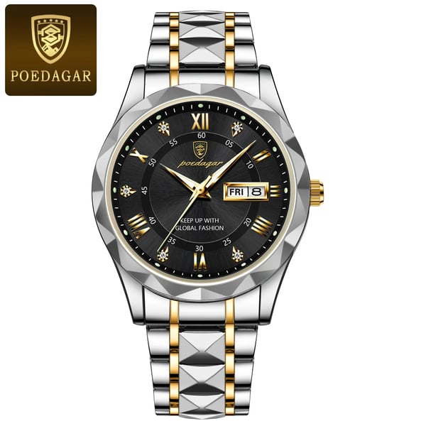 "Luxuriöse Herrenarmbanduhr mit goldener Lünette, schwarzem Zifferblatt, wasserdicht, leuchtende Zeiger, Edelstahlarmband"