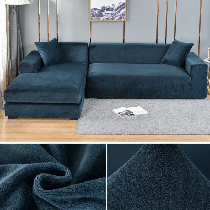 Luxuriöser stretchbarer Samt Sofabezug in Dunkelblau, flexibel für verschiedene Sofagrößen, elegant und schützend.