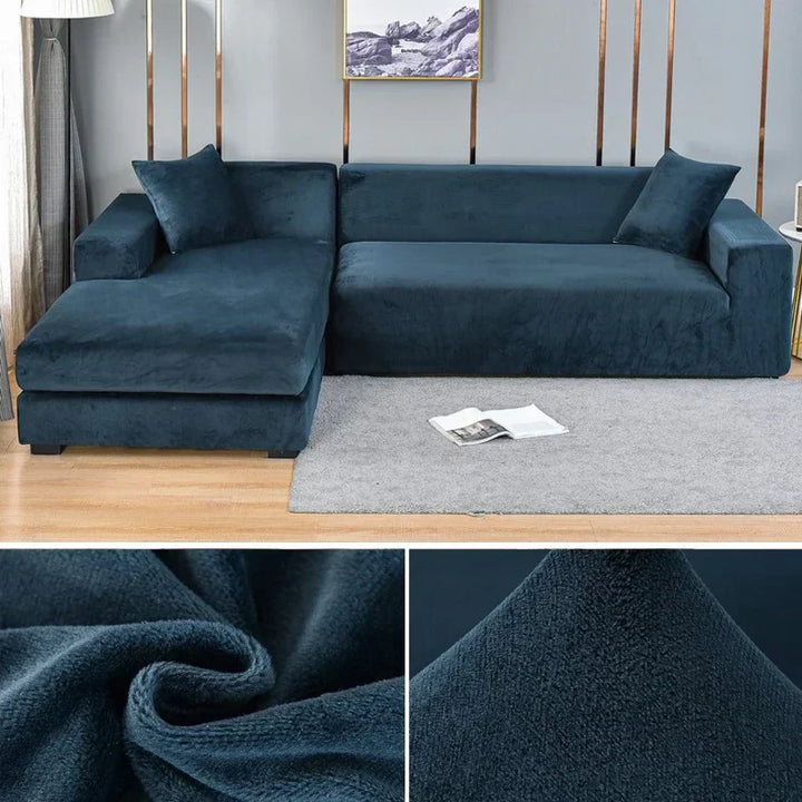 Luxuriöser stretchbarer Samt Sofabezug in Dunkelblau, flexibel für verschiedene Sofagrößen, elegant und schützend.